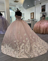 Pink Tulle Quinceanera Dress Sweetheart Off-Shoulder Ball Gown with Lace Appliques & Beaded Details for Prom Sweet 16 or Princess-Themed Parties
